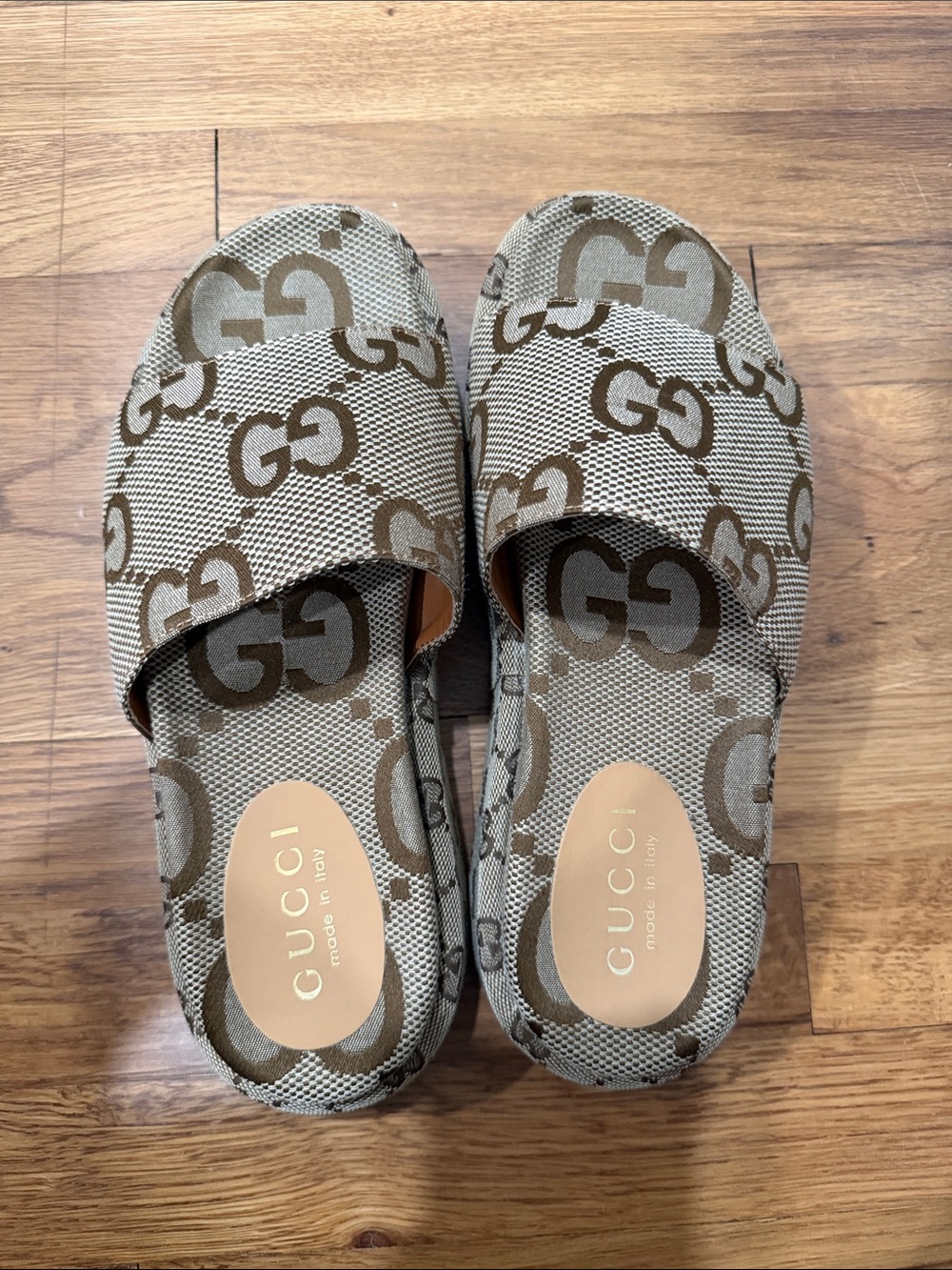 Gucci Beige & Brown GG Canvas Slide Sandals